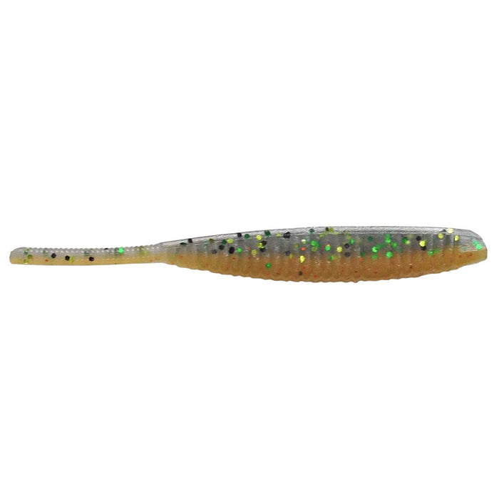 Soft plastic fishing lure in a shad shape with translucent body featuring green and black specks, designed for use as a Yamamoto 4" Shad Shape Worm.