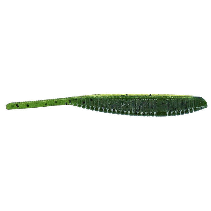 Yamamoto 4" Shad Shape Worm in green with black specks, soft plastic fishing lure designed to mimic a small baitfish for effective fishing tackle use.
