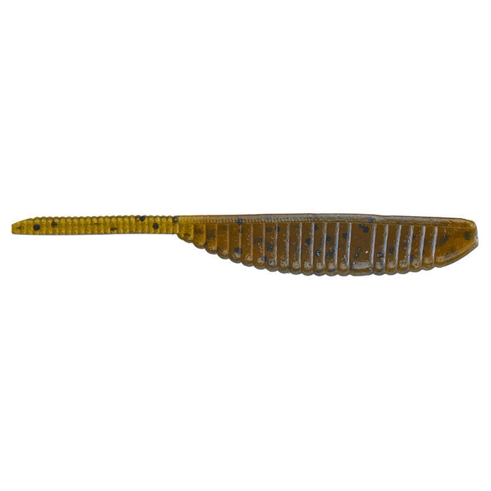 Soft plastic fishing lure in brown with black speckles featuring a ribbed shad shape body and thin tail, designed for use as a Yamamoto 4" Shad Shape Worm.
