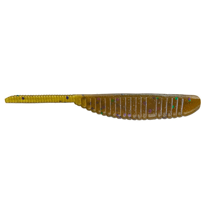 Yamamoto 4" Shad Shape Worm fishing lure in translucent brown with green and purple flecks, designed for effective fishing tackle use.