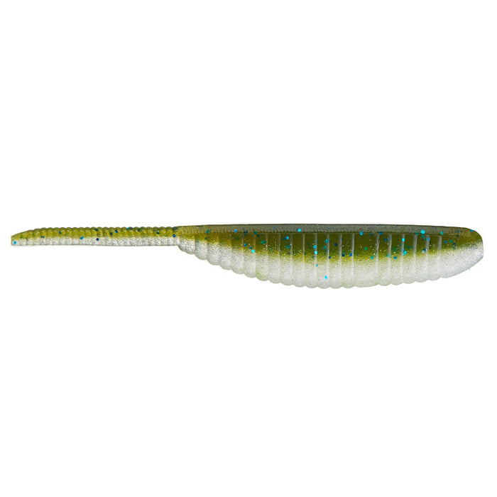 Yamamoto 4" Shad Shape Worm fishing lure in translucent green with blue flecks and ribbed body designed for effective fishing tackle.