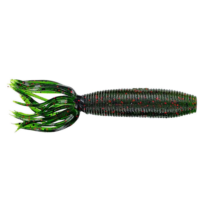Yamamoto Fat Ika fishing lure in dark green with red flecks, featuring a ribbed body and multiple soft tentacle-like appendages designed for lifelike movement in water.