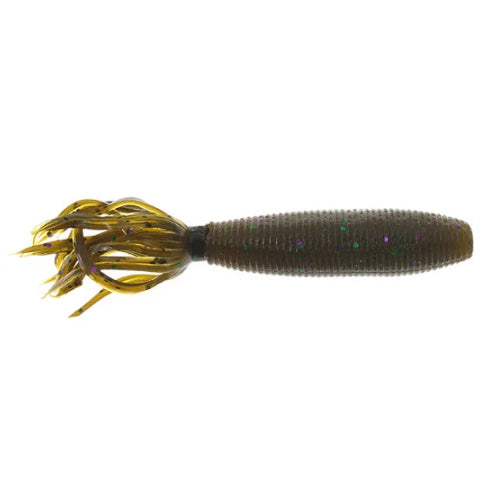 Yamamoto Fat Ika fishing lure in green with glitter accents, designed for musky fishing featuring a segmented soft body and multiple tentacle-like appendages for lifelike movement.