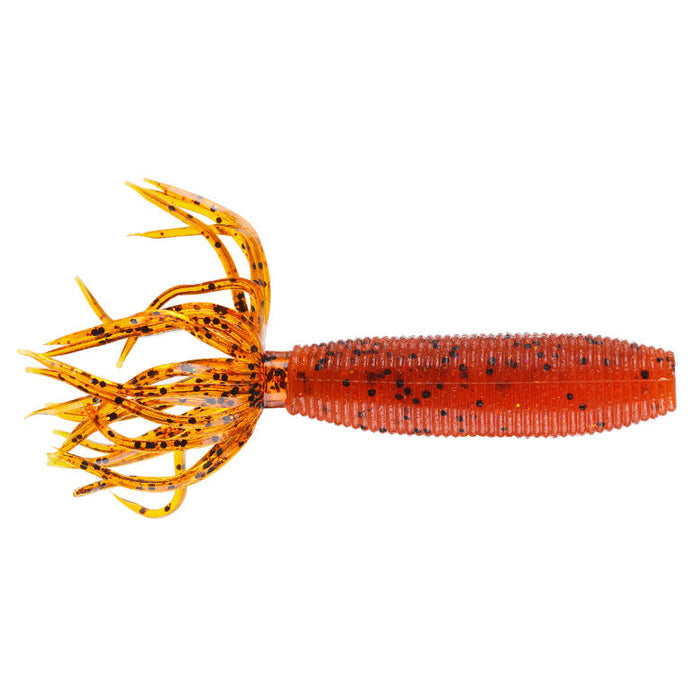 Close-up of a Yamamoto Fat Ika fishing lure in translucent orange with black speckles, featuring a ribbed body and multiple flexible appendages designed for musky fishing.
