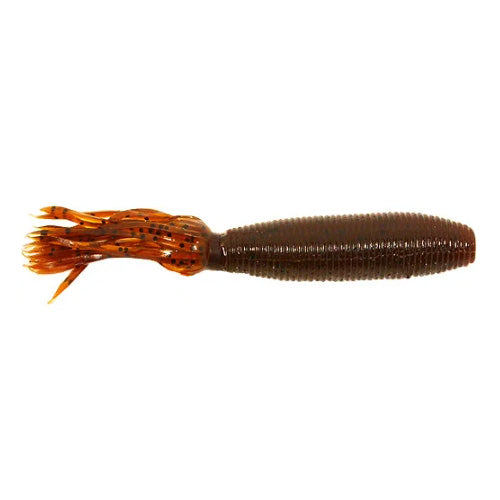 Yamamoto Fat Ika soft fishing lure with ribbed brown body and orange, speckled tentacle-like tail designed for musky and freshwater fishing tackle.