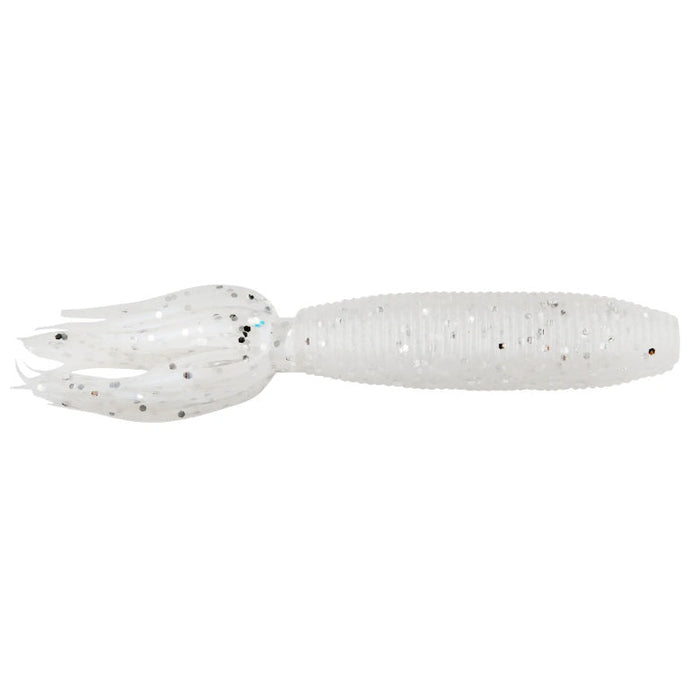 Soft translucent white fishing lure with black and silver flecks, tubular body, and multiple flexible tentacle-like appendages, designed as Yamamoto Fat Ika for fishing tackle.