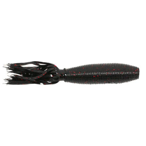 Yamamoto Fat Ika fishing lure in black with red specks, featuring a ribbed soft body and multiple flexible tentacles designed to mimic a squid for effective musky fishing tackle.