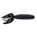 Yamamoto Fat Ika fishing lure in black with blue speckles featuring a ribbed cylindrical body and multiple flexible skirt-like appendages for lifelike movement in water.