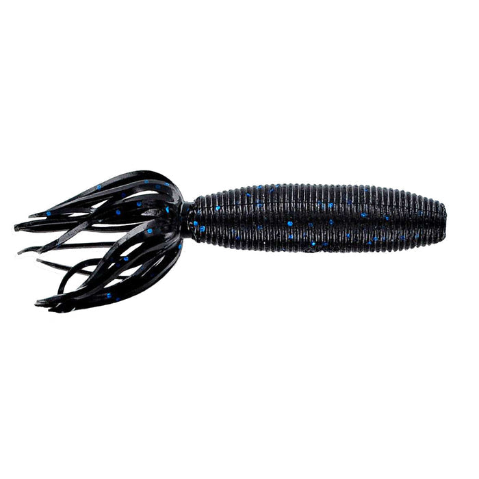 Yamamoto Fat Ika fishing lure in black with blue speckles featuring a ribbed cylindrical body and multiple flexible skirt-like appendages for lifelike movement in water.