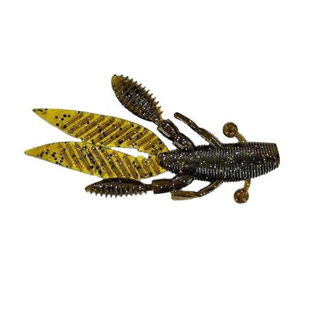 Yamamoto Flappin' Hog 3.75" soft plastic fishing lure in natural green and brown with ribbed body, multiple appendages, and paddle tail for lifelike movement in fishing tackle.