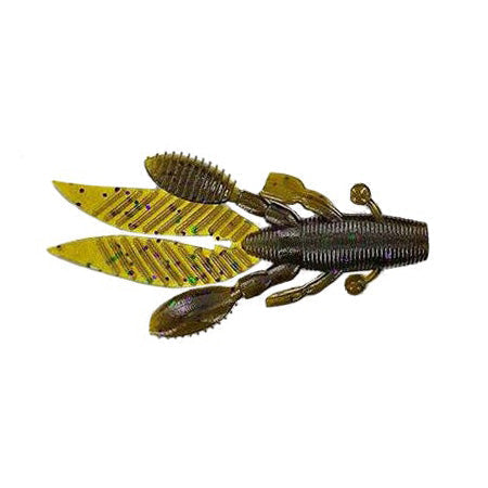 Yamamoto Flappin' Hog 3.75" soft plastic fishing lure in dark green with purple flakes and multiple appendages designed to mimic a crawfish for musky and freshwater fishing.