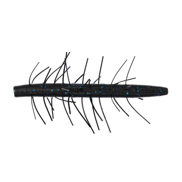Yamamoto Fuzzy Senko 4" fishing lure in dark color with blue flecks and multiple flexible appendages designed for realistic movement in water.