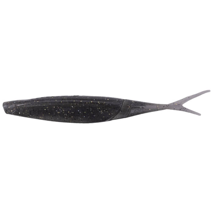 Yamamoto Hinge Minnow fishing lure in dark gray with subtle gold flecks, designed with a slender body and forked tail for lifelike movement in water.