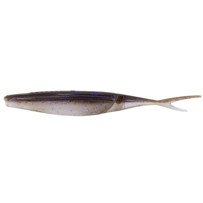 Yamamoto Hinge Minnow fishing lure in translucent brown with blue and black speckles, designed for realistic movement to attract musky and other game fish.