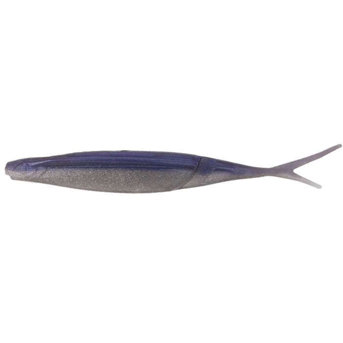 Yamamoto Hinge Minnow fishing lure in blue and silver colors with a soft, segmented body and forked tail designed for realistic movement in water.