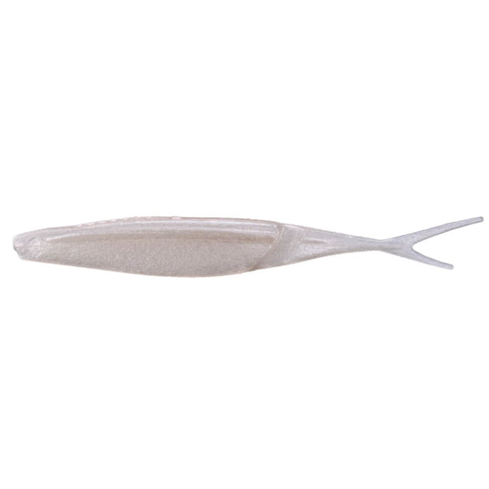 Yamamoto Hinge Minnow fishing lure in translucent white with a forked tail, designed for lifelike movement to attract musky and other game fish.