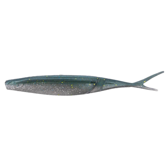 Yamamoto Hinge Minnow soft fishing lure in greenish-gray with speckled glitter and a forked tail, designed for effective freshwater fishing tackle.