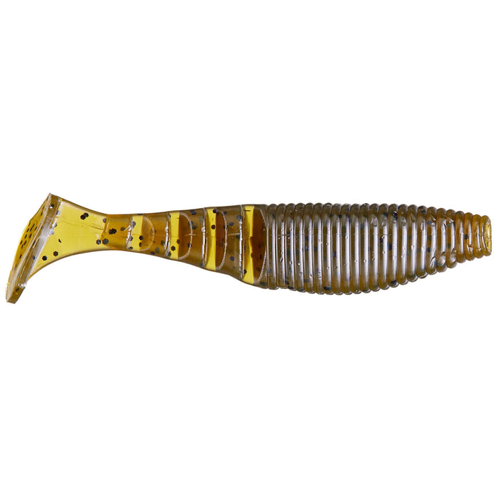 Yamamoto Kickin' Zako Swimbait in green pumpkin color, showing a soft, ribbed body with a paddle tail designed for lifelike swimming action in fishing tackle.
