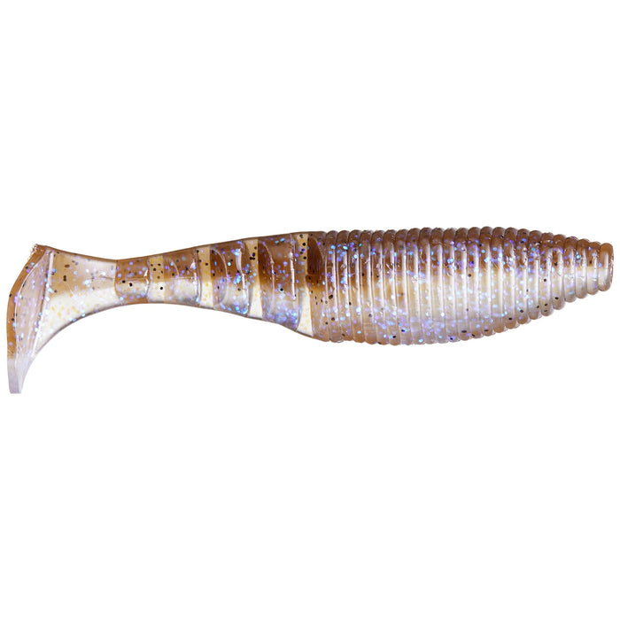 Yamamoto Kickin' Zako Swimbait in translucent brown and cream colors with glitter flakes, ribbed body, and paddle tail designed for fishing tackle applications.