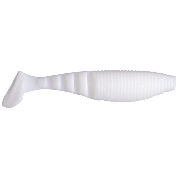 Yamamoto Kickin' Zako Swimbait in cream white color, ribbed soft plastic fishing lure designed for realistic swimming action used in fishing tackle.