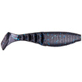 Yamamoto Kickin' Zako Swimbait in black with blue flecks, soft segmented body designed to mimic swimming action for fishing lures.