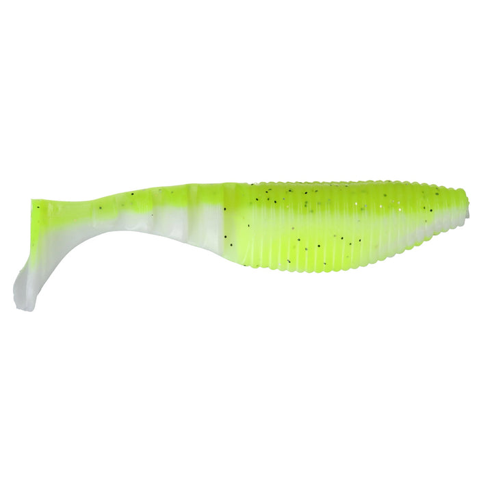 Yamamoto Kickin' Zako Swimbait in chartreuse and white colors with a ribbed body and paddle tail designed for fishing tackle.