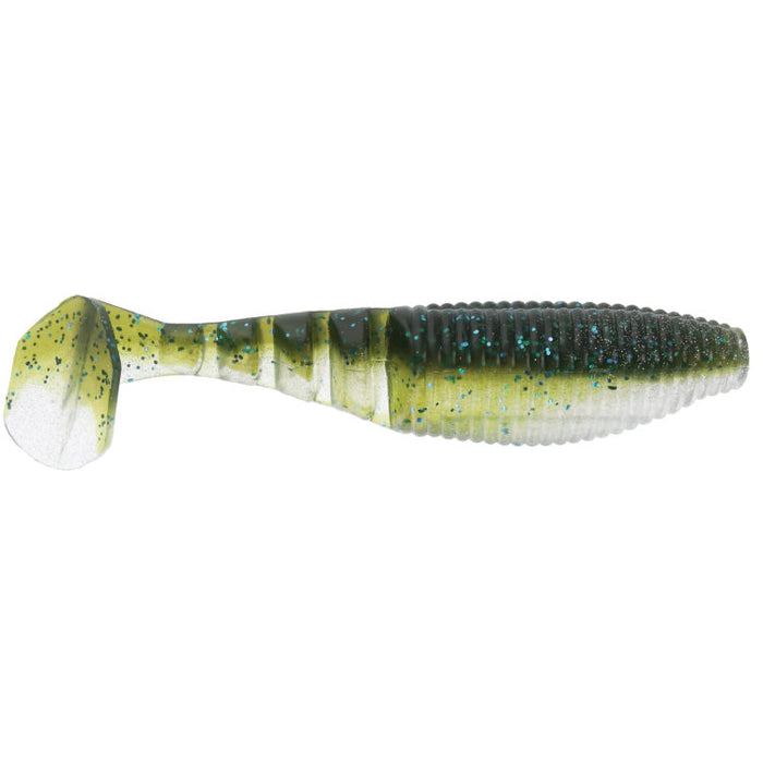 Yamamoto Kickin' Zako Swimbait in green and black with textured body and paddle tail, designed for realistic movement in fishing tackle applications.
