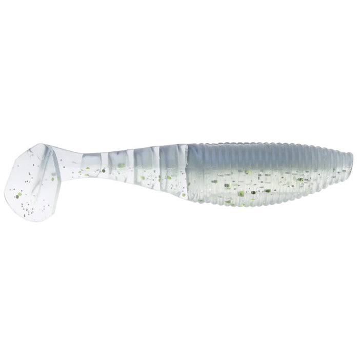 Yamamoto Kickin' Zako Swimbait fishing lure in translucent body with green and black flecks, featuring a ribbed texture and paddle tail for lifelike swimming action.