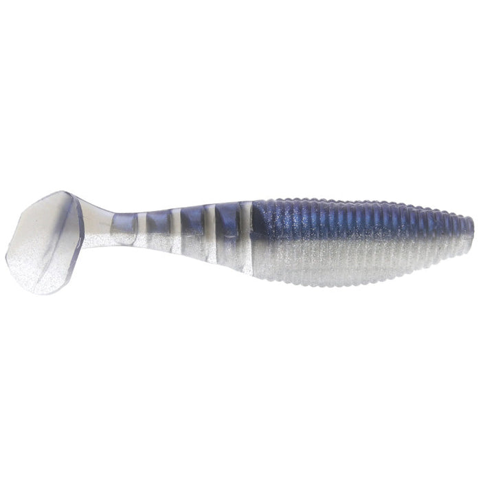 Yamamoto Kickin' Zako Swimbait soft plastic fishing lure with ribbed body and paddle tail in translucent blue and white, designed for lifelike movement in water.