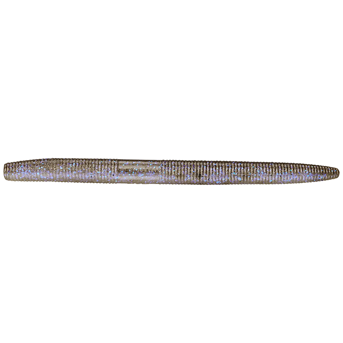 Yamamoto Senko 5" soft plastic fishing lure in translucent brown with blue flakes, designed for freshwater fishing and muskellunge targeting.