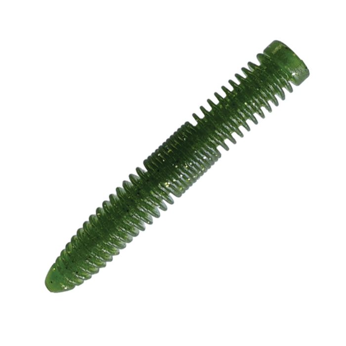 Soft green ribbed fishing lure with small protrusions along its length designed for water movement, shown as the Yamamoto Slinko Floater 3.25".