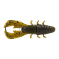 Detailed close-up of a soft plastic fishing lure named Yamamoto Yama Bug, designed to mimic a crawfish with a segmented body and two large pincers in yellow and dark green colors.