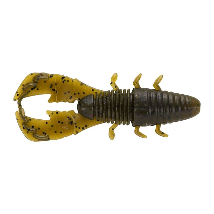 Detailed close-up of a soft plastic fishing lure named Yamamoto Yama Bug, designed to mimic a crawfish with a segmented body and two large pincers in yellow and dark green colors.