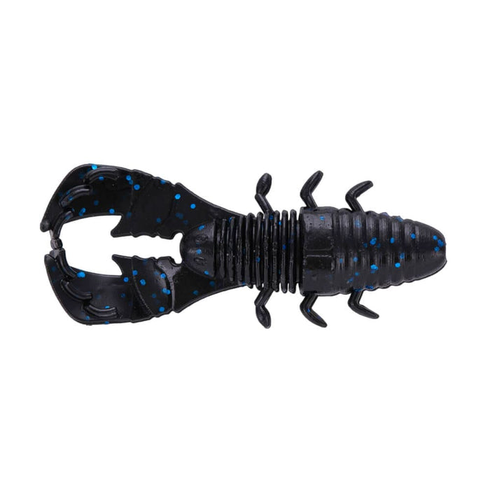 Black and blue speckled soft plastic fishing lure designed to mimic a crawfish, labeled Yamamoto Yama Bug, ideal for fishing tackle enthusiasts targeting musky and other species.