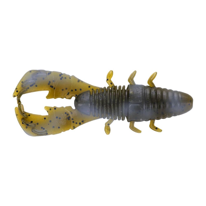 Close-up of a soft plastic fishing lure designed to resemble a crawfish, featuring segmented body and claw details in dark green and yellow with black speckles, labeled Yamamoto Yama Bug.