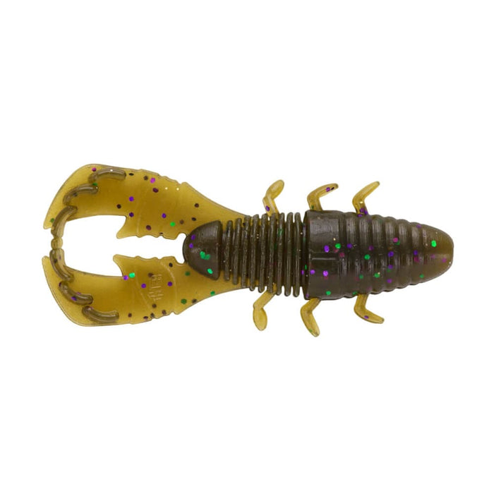 Yamamoto Yama Bug soft plastic fishing lure in greenish-brown with glitter flakes, designed to mimic a crawfish for effective fishing tackle use.