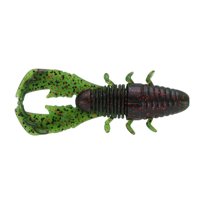 Soft plastic fishing lure shaped like a crawfish with a green and black body speckled with red, designed as the Yamamoto Yama Bug for fishing tackle use.