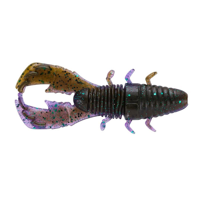 Yamamoto Yama Bug fishing lure designed to mimic a crawfish, featuring a segmented body with claws and legs in purple and dark green with blue flecks for effective fishing tackle use.