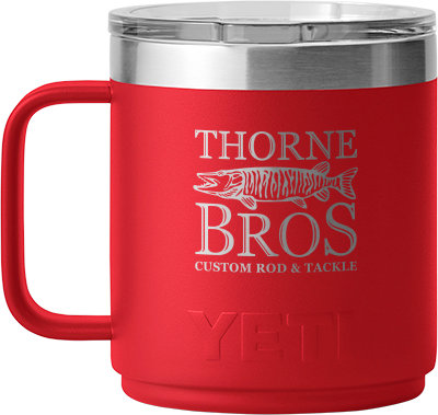 Yeti Thorne Bros. Logo Rambler 10oz. Mug - w/ MagSlider Lid in red with silver Thorne Bros custom rod and tackle logo, featuring a stainless steel rim and translucent lid.