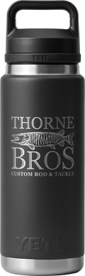 Yeti Thorne Bros. Logo Rambler 26oz. Bottle in matte black with silver Thorne Bros custom rod and tackle logo and a sturdy handle lid designed for outdoor and fishing use.