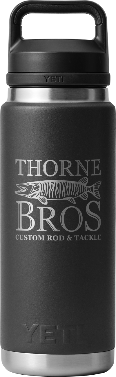 Yeti Thorne Bros. Logo Rambler 26oz. Bottle in matte black with silver Thorne Bros custom rod and tackle logo and a sturdy handle lid designed for outdoor and fishing use.