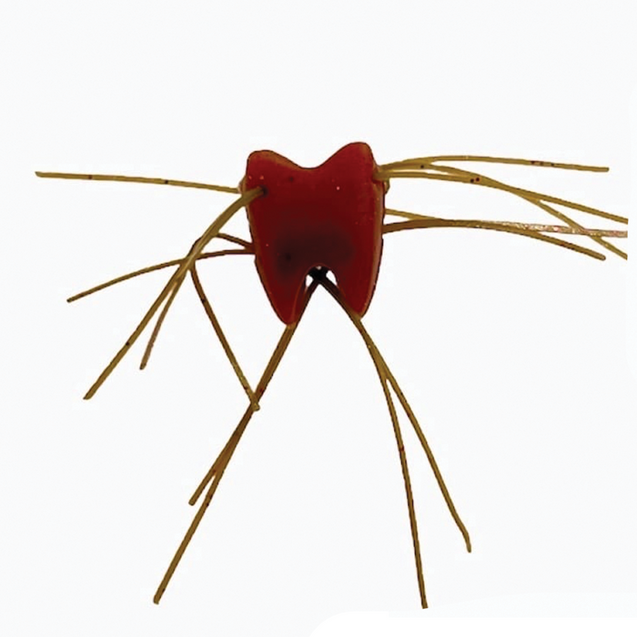 YG.Labo Mushi-Ba SS fishing lure with a small red body and multiple thin, flexible legs extending outward, designed for effective fishing tackle use.