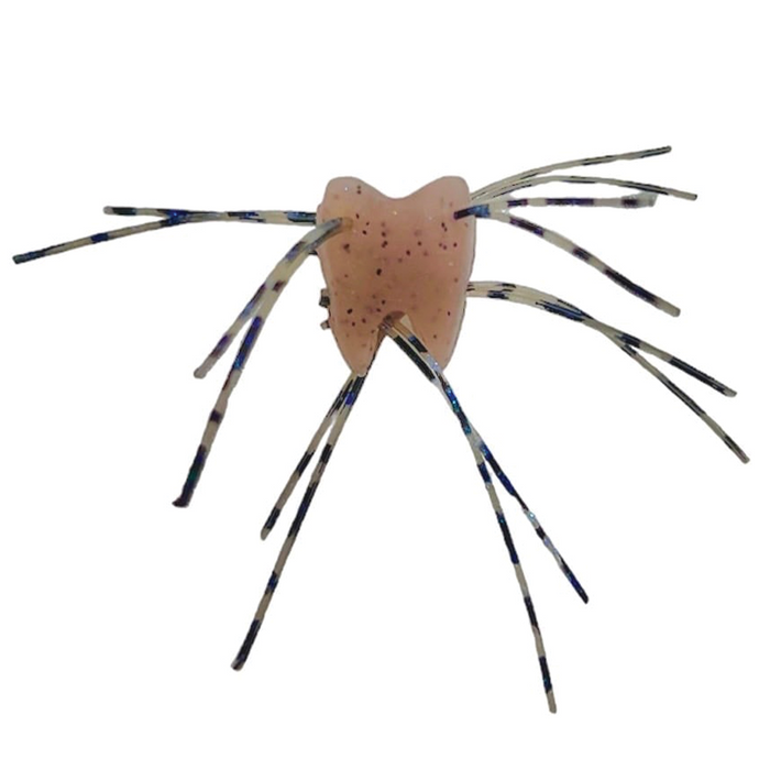 YG.Labo Mushi-Ba SS fishing lure resembling a small insect with a pink body and multiple beige and blue striped flexible legs designed to attract fish.