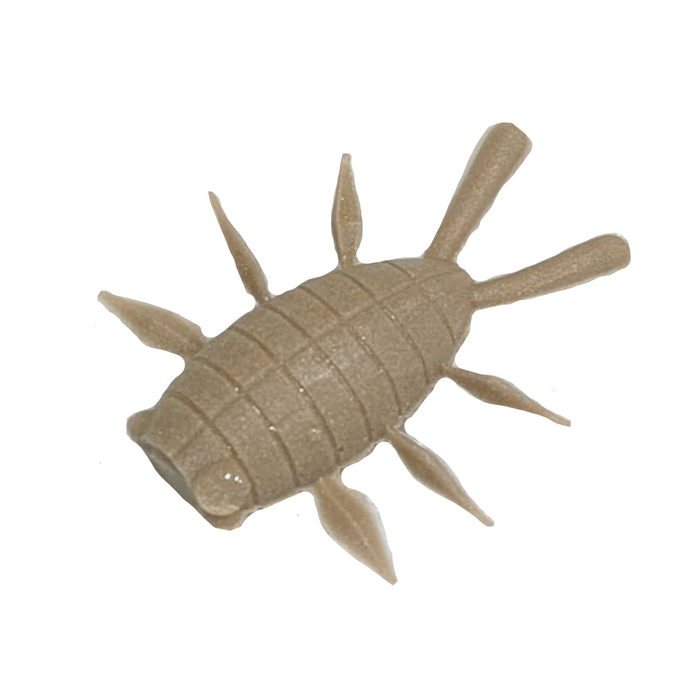 YG.Labo Witch Bug (Floating) fishing lure in brown, designed to mimic an insect with multiple legs and tail appendages for effective musky and ice fishing tackle.