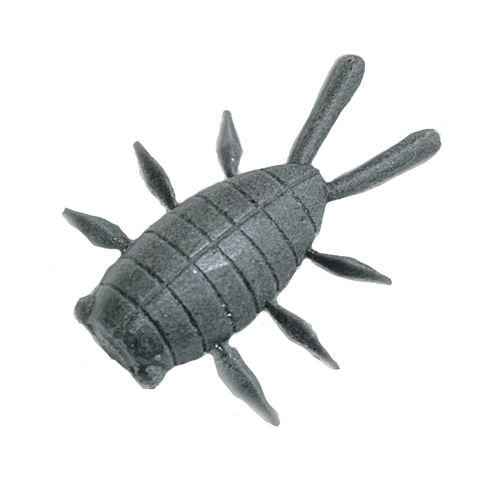 YG.Labo Witch Bug (Floating) fishing lure in dark gray, shaped like a segmented aquatic insect with multiple legs and elongated tail appendages designed for musky and fly fishing tackle.
