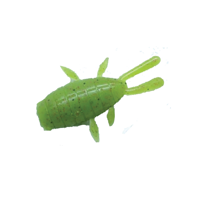Green soft plastic fishing lure shaped like an insect with a segmented body and multiple appendages, designed as the YG.Labo Witch Bug (Sinking) for fishing tackle.