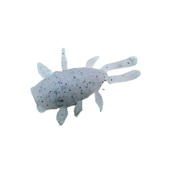 YG.Labo Witch Bug (Sinking) fishing lure designed to mimic an insect with a soft body and multiple legs, featuring a light gray color with black speckles for realistic fishing tackle use.