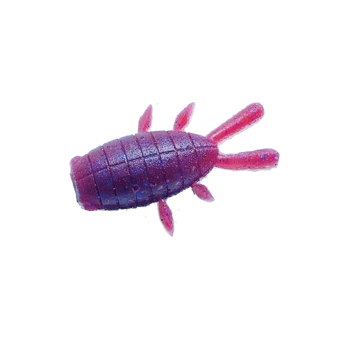 YG.Labo Witch Bug (Sinking) is a detailed purple and pink fishing lure shaped like a small insect with segmented body and multiple legs, designed for effective fishing tackle use.