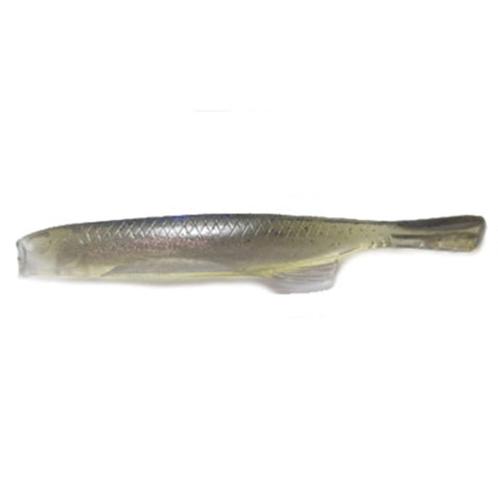 YG.Labo Witch Minnow soft fishing lure in translucent natural colors with subtle scale pattern and paddle tail designed for realistic movement in water.