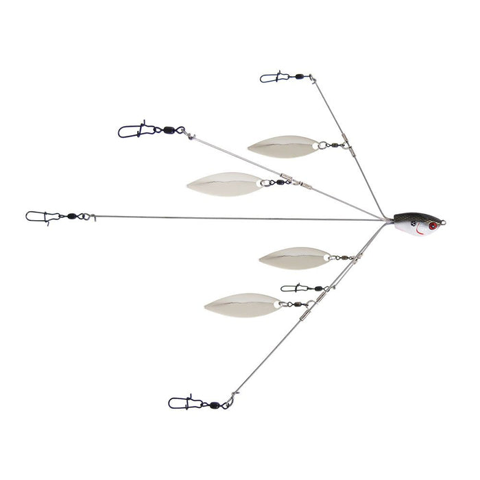 Yum Yumbrella Flash Mob Jr. Umbrella Rig with multiple silver metal blades and wire arms attached to a small fish-shaped head for attracting fish in fishing tackle setups.